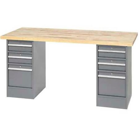 Global Industrial 96 x 30 Pedestal Workbench, 6 Drawers, Maple Block Square Edge, Gray 319032